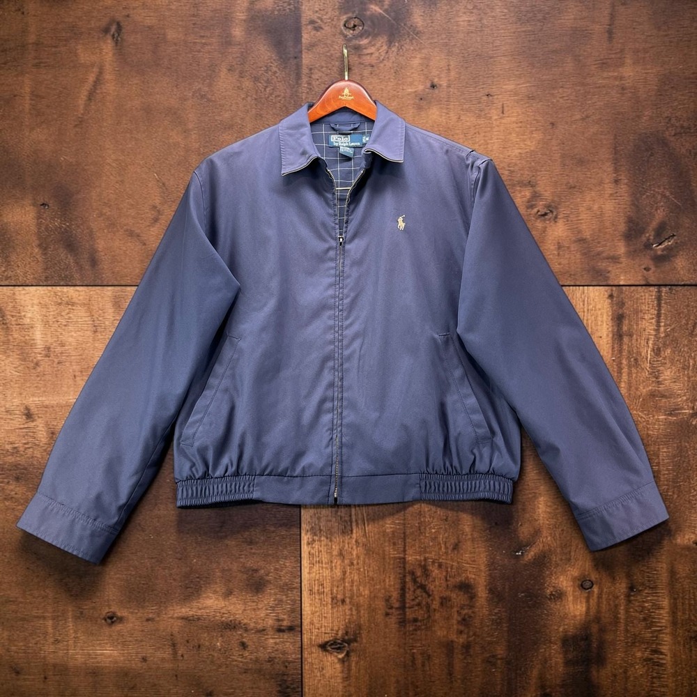 Vintage 90s Polo Ralph Lauren Harrington Jacket Mens M Navy Blue Plaid Lined